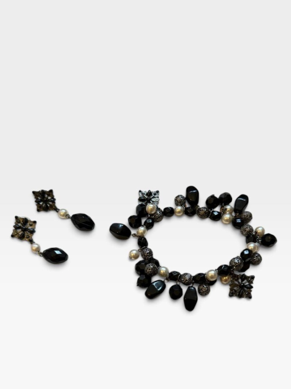 Black Pearl Beaded Statement Bracelet & Drop Earrings Jewelry Set